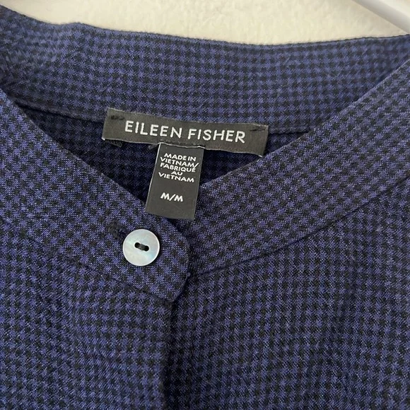 Eileen Fisher Mini Check Crepe Mandarin Collar Top Size Medium Navy and Black - Picture 4 of 6